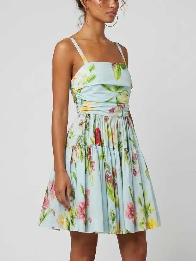 Blue Floral Ruched Bodice Tiered Cotton Mini Dress - Dresses