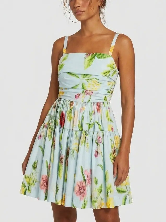 Blue Floral Ruched Bodice Tiered Cotton Mini Dress - Dresses