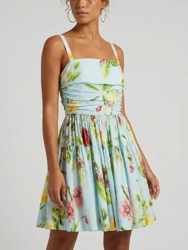 Blue Floral Ruched Bodice Tiered Cotton Mini Dress - Dresses