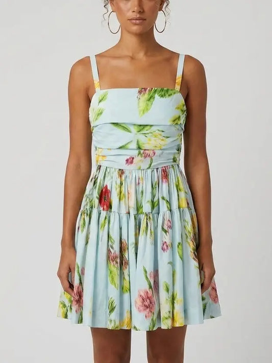 Blue Floral Ruched Bodice Tiered Cotton Mini Dress - Dresses