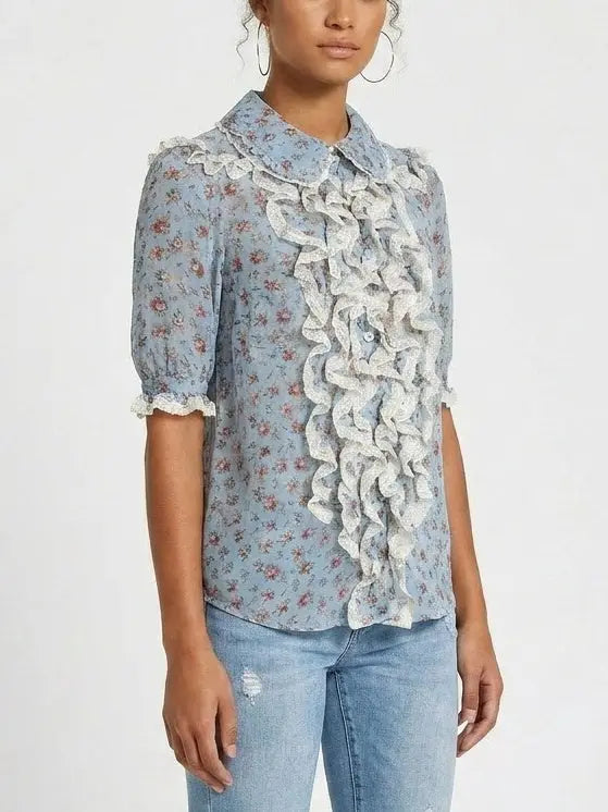 Blue Floral Silk Blouse with Cascading Ruffles - Tops