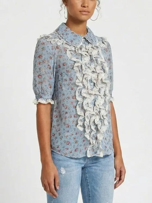 Blue Floral Silk Blouse with Cascading Ruffles - Tops