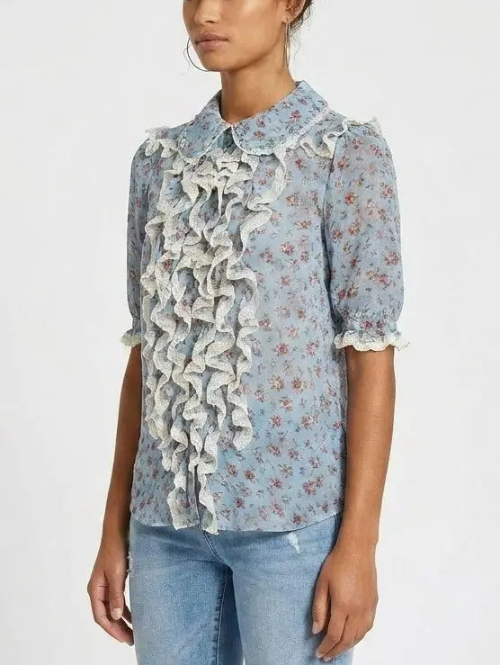 Blue Floral Silk Blouse with Cascading Ruffles - Tops