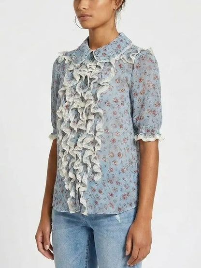 Blue Floral Silk Blouse with Cascading Ruffles - Tops