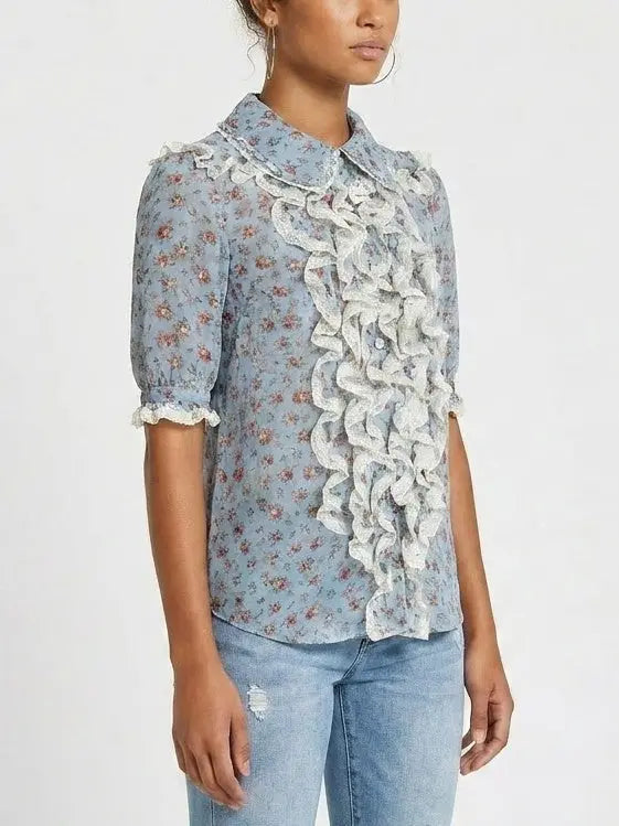Blue Floral Silk Blouse with Cascading Ruffles - Tops