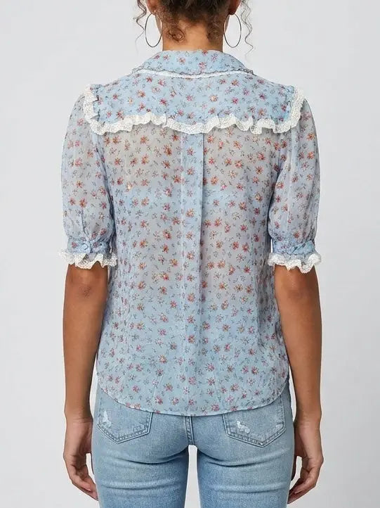 Blue Floral Silk Blouse with Cascading Ruffles - Tops