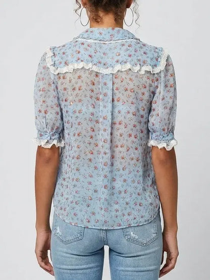 Blue Floral Silk Blouse with Cascading Ruffles - Tops
