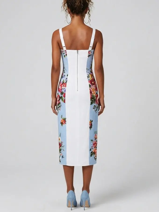 Blue Floral Silk Sheath Midi Dress - Dresses