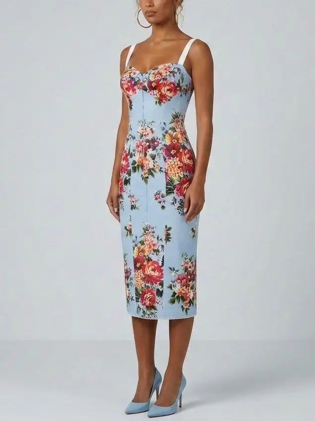 Blue Floral Silk Sheath Midi Dress - Dresses