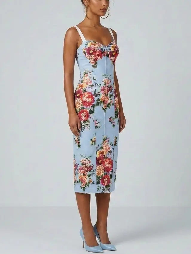 Blue Floral Silk Sheath Midi Dress - Dresses