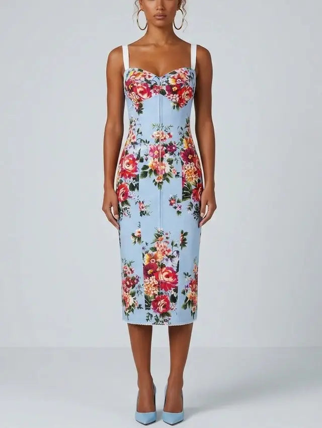 Blue Floral Silk Sheath Midi Dress - Dresses