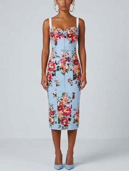 Blue Floral Silk Sheath Midi Dress - Dresses