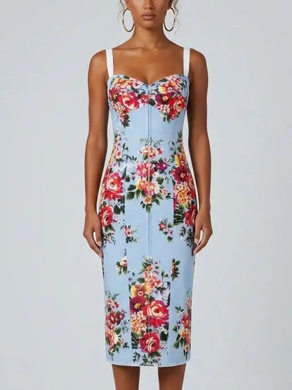 Blue Floral Silk Sheath Midi Dress - Dresses