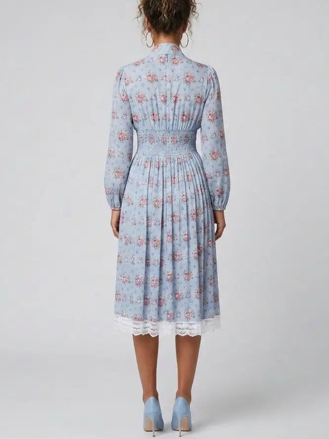 Blue Floral Silk Shirt Dress with Tie Neck - Dresses
