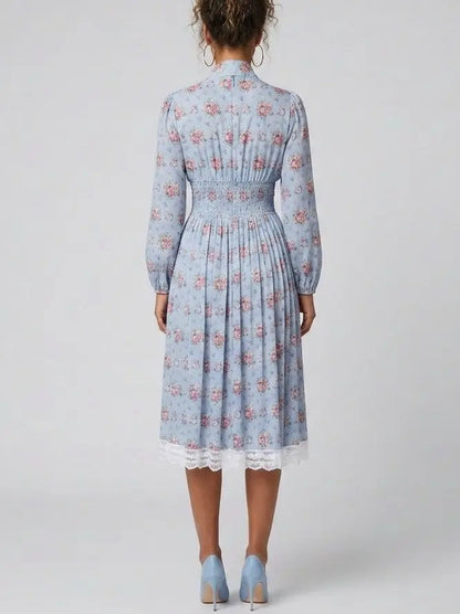 Blue Floral Silk Shirt Dress with Tie Neck - Dresses