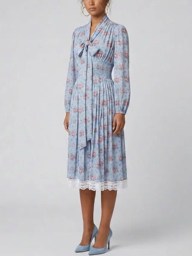 Blue Floral Silk Shirt Dress with Tie Neck - Dresses