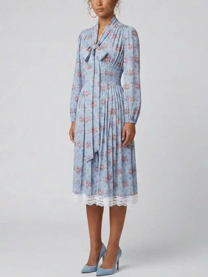 Blue Floral Silk Shirt Dress with Tie Neck - Dresses