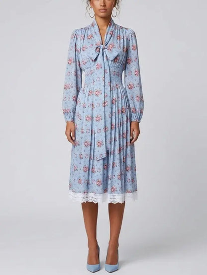 Blue Floral Silk Shirt Dress with Tie Neck - Dresses
