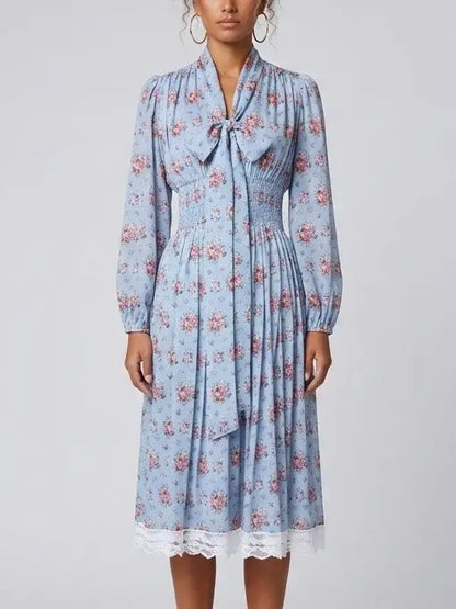 Blue Floral Silk Shirt Dress with Tie Neck - Dresses