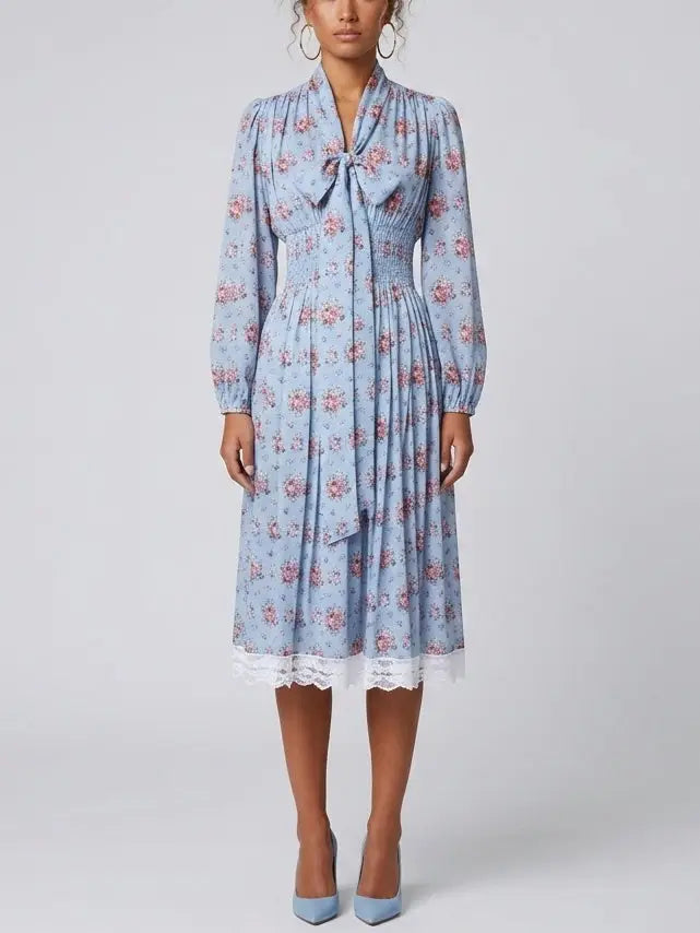 Blue Floral Silk Shirt Dress with Tie Neck - S - Dresses