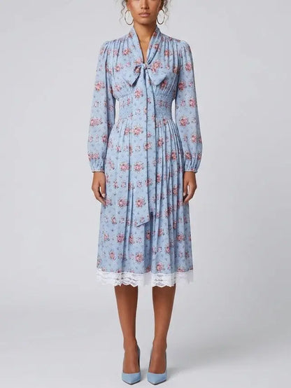 Blue Floral Silk Shirt Dress with Tie Neck - S - Dresses