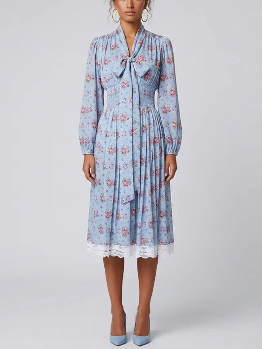 Blue Floral Silk Shirt Dress with Tie Neck - S - Dresses