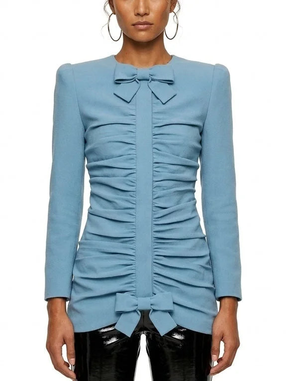 Blue Gathered Jacket with Bow Details - Jackets