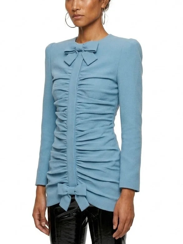 Blue Gathered Jacket with Bow Details - Jackets