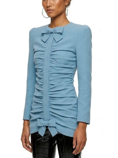Blue Gathered Jacket with Bow Details - Jackets
