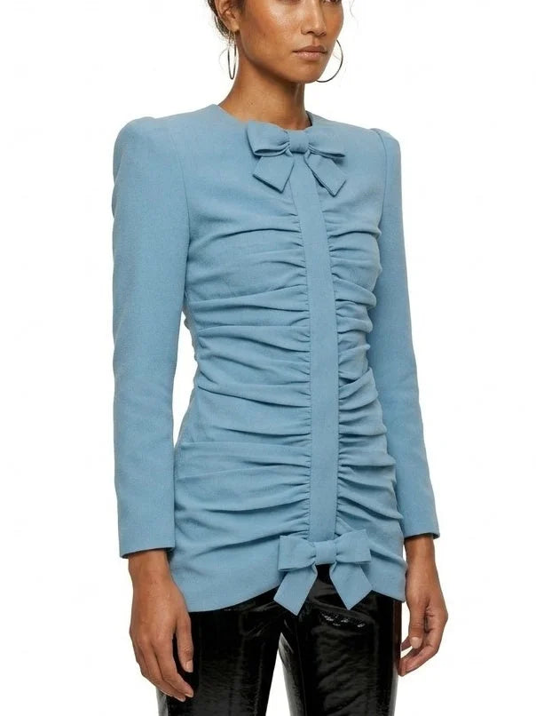 Blue Gathered Jacket with Bow Details - Jackets