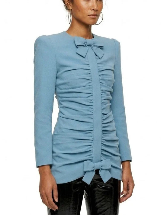 Blue Gathered Jacket with Bow Details - Jackets