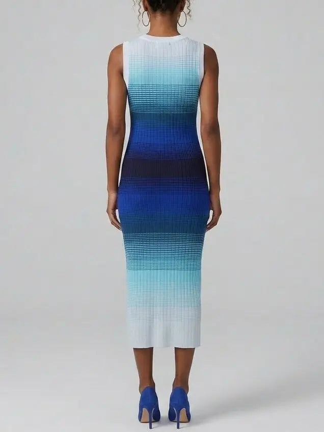 Blue Ombre Sleeveless Knit Midi Dress - Dresses