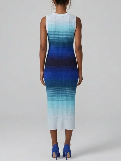 Blue Ombre Sleeveless Knit Midi Dress - Dresses