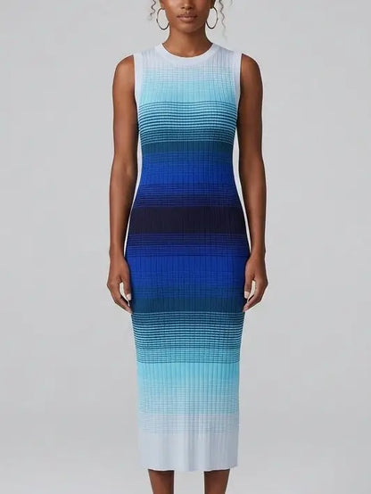 Blue Ombre Sleeveless Knit Midi Dress - Dresses