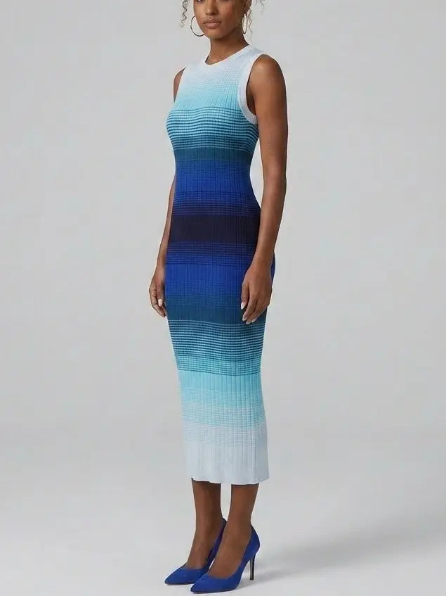Blue Ombre Sleeveless Knit Midi Dress - Dresses