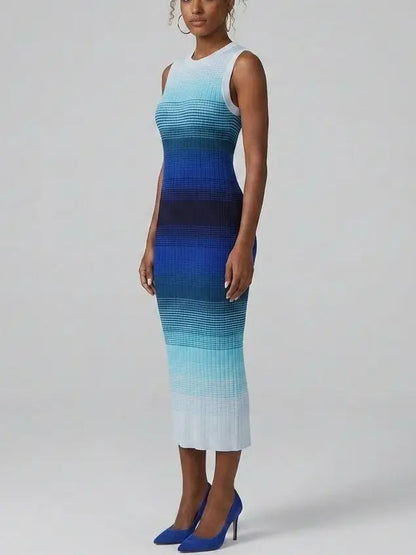 Blue Ombre Sleeveless Knit Midi Dress - Dresses