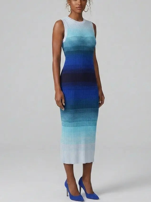 Blue Ombre Sleeveless Knit Midi Dress - Dresses