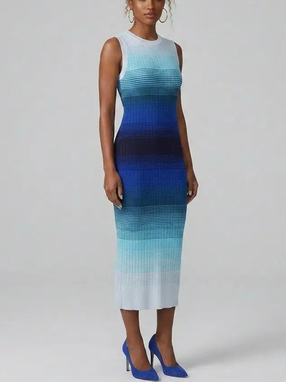 Blue Ombre Sleeveless Knit Midi Dress - Dresses