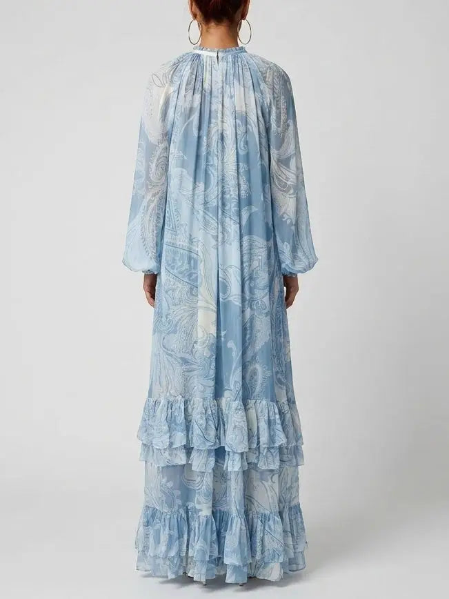 Blue Paisley Print Tiered Ruffle Maxi Dress - Dresses