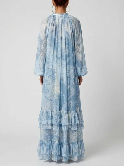Blue Paisley Print Tiered Ruffle Maxi Dress - Dresses