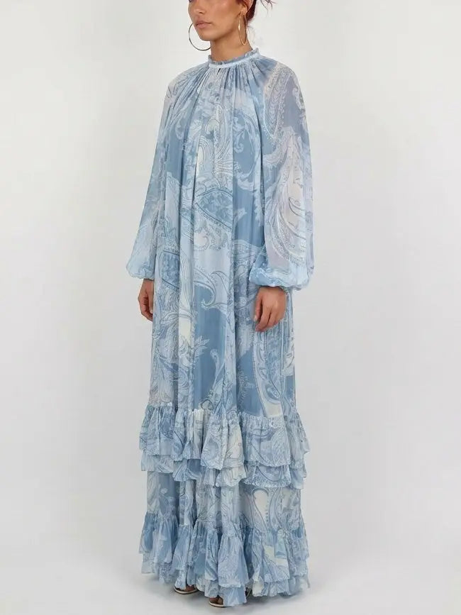 Blue Paisley Print Tiered Ruffle Maxi Dress - Dresses