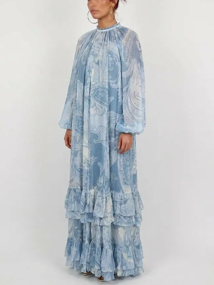 Blue Paisley Print Tiered Ruffle Maxi Dress - Dresses