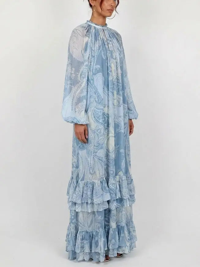 Blue Paisley Print Tiered Ruffle Maxi Dress - Dresses