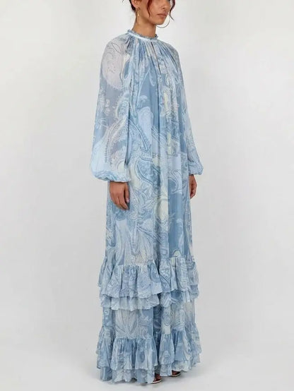 Blue Paisley Print Tiered Ruffle Maxi Dress - Dresses