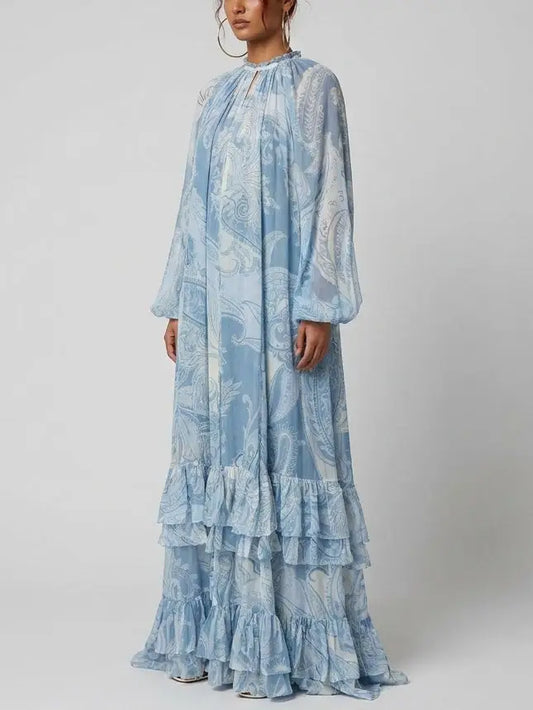 Blue Paisley Print Tiered Ruffle Maxi Dress - Dresses