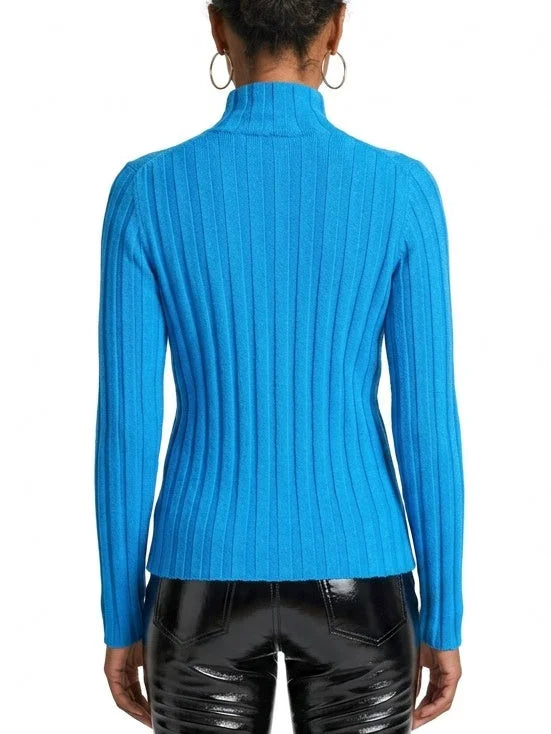 Blue Ribbed Wool Zip Front Cardigan Sweater - Sweaters & Knitwear