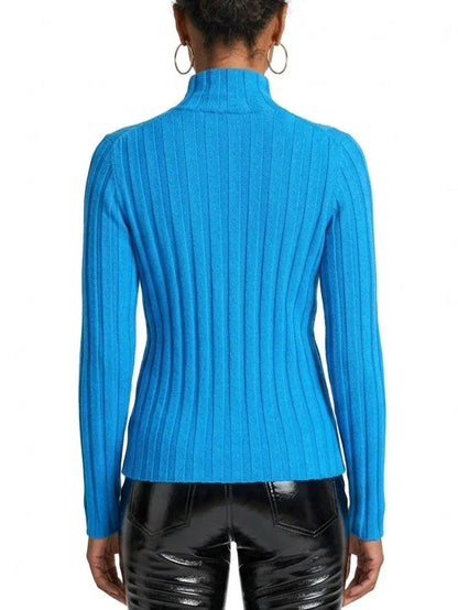 Blue Ribbed Wool Zip Front Cardigan Sweater - Sweaters & Knitwear