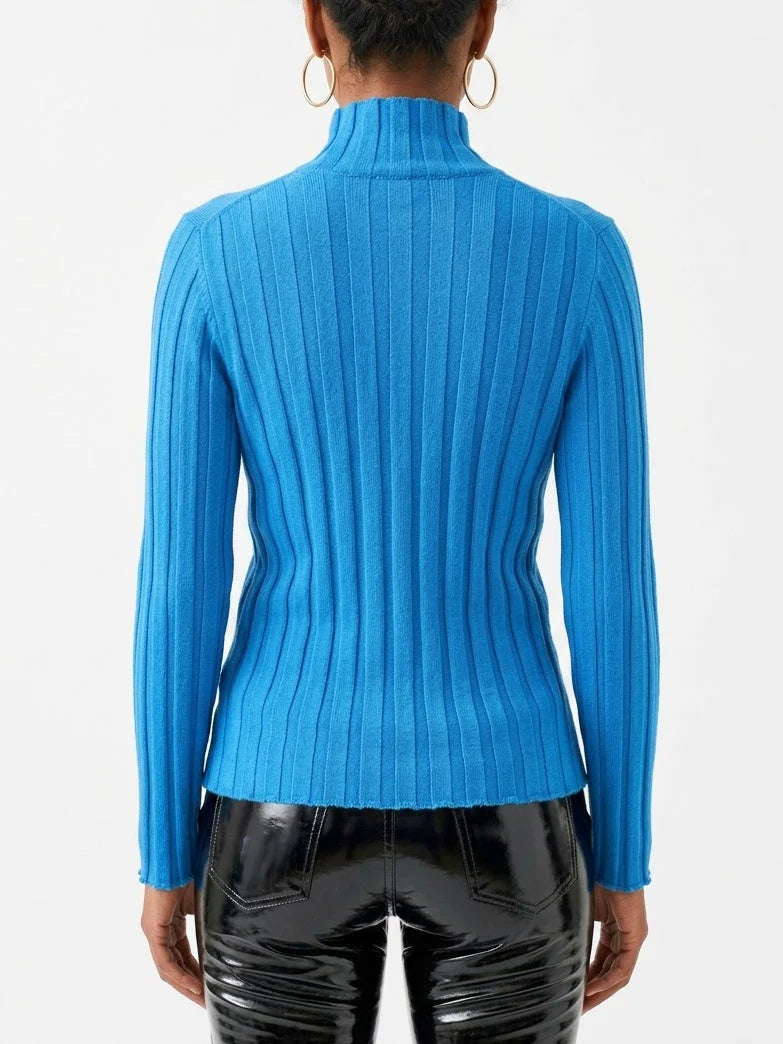 Blue Ribbed Wool Zip Front Cardigan Sweater - Sweaters & Knitwear