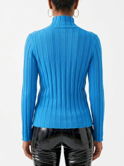 Blue Ribbed Wool Zip Front Cardigan Sweater - Sweaters & Knitwear