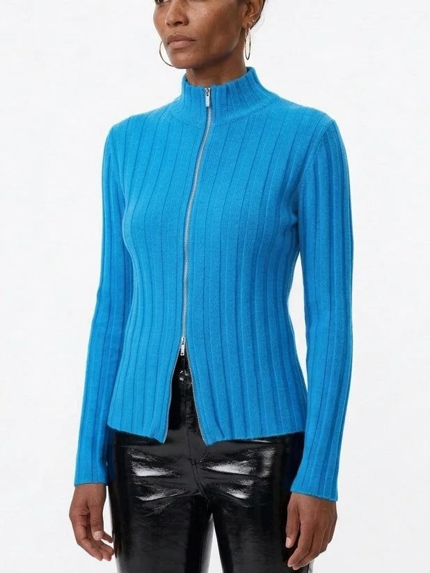 Blue Ribbed Wool Zip Front Cardigan Sweater - Sweaters & Knitwear